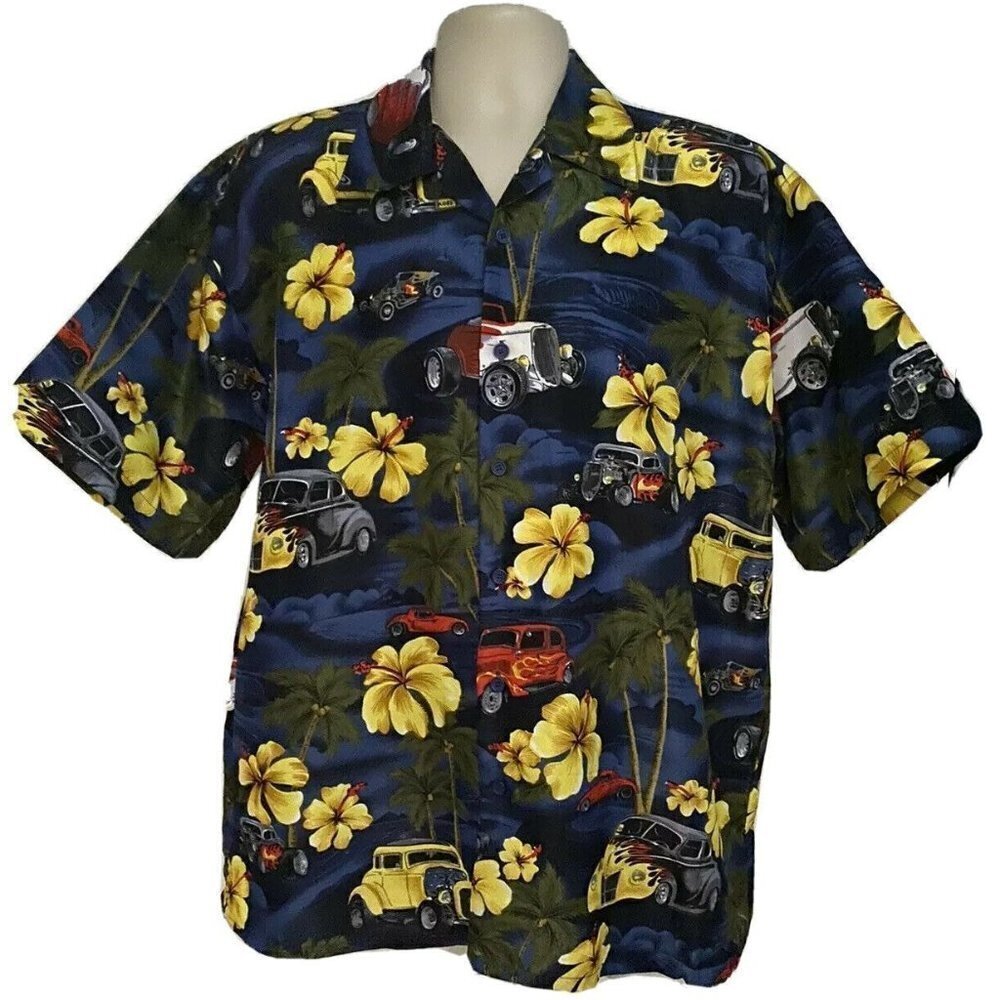 Ferugini Blue Hawaiian Floral Classic Hot Rod Cars Button Front Shirt 2XL XXL - Picture 2 of 6